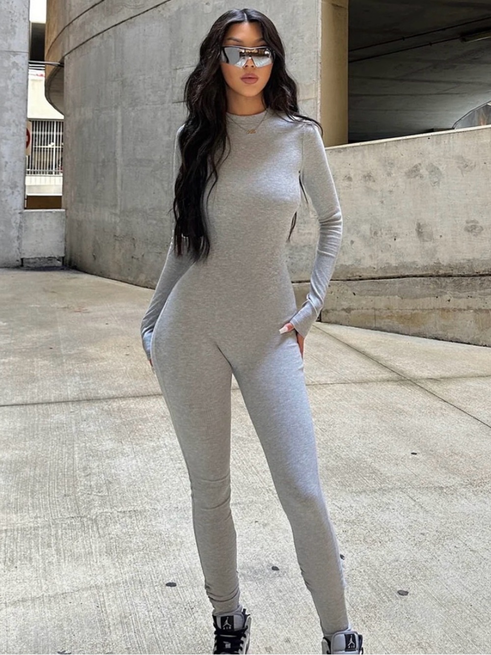 Fashion Nova Light Gray Long-Sleeve Ribbed Jumpsuit
